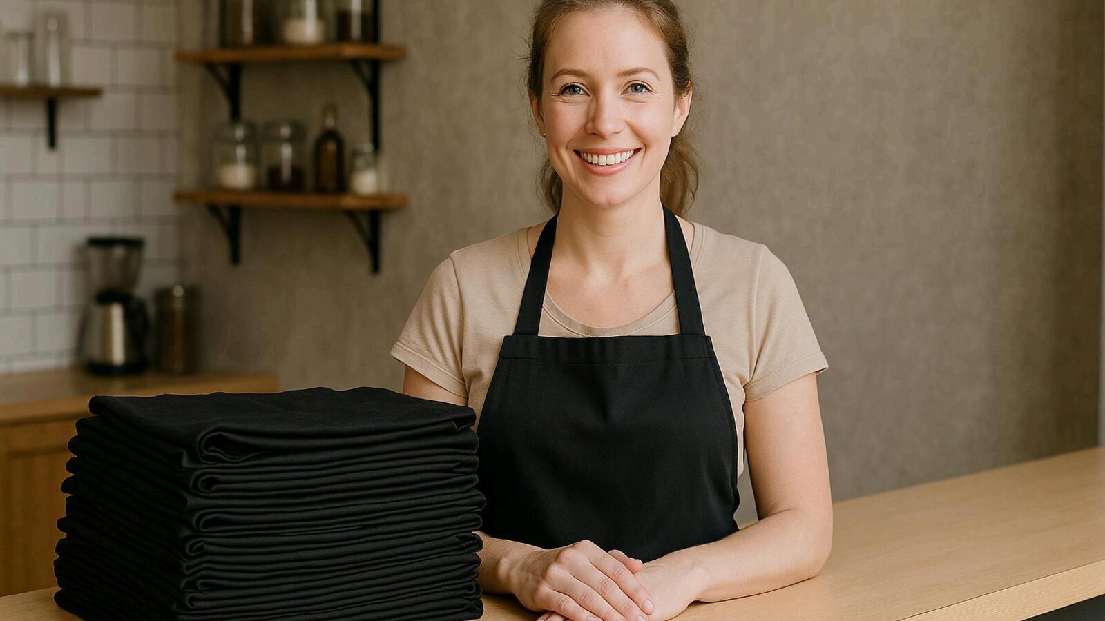 A smiling apron seller standing behind a counter beside a neat stack of folded black aprons.