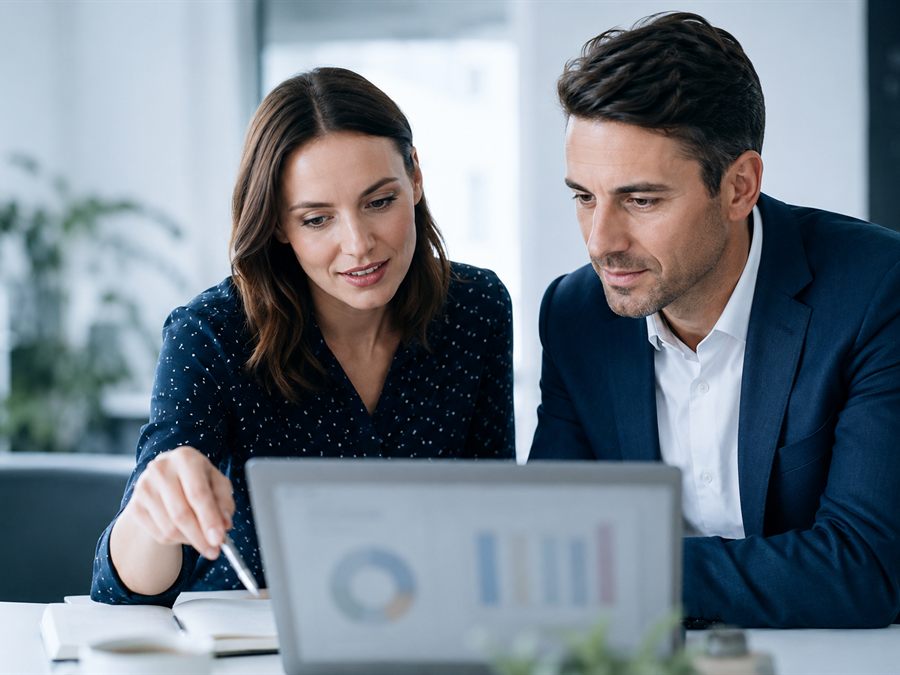 An advisor and a client reviewing financial charts together on a laptop.