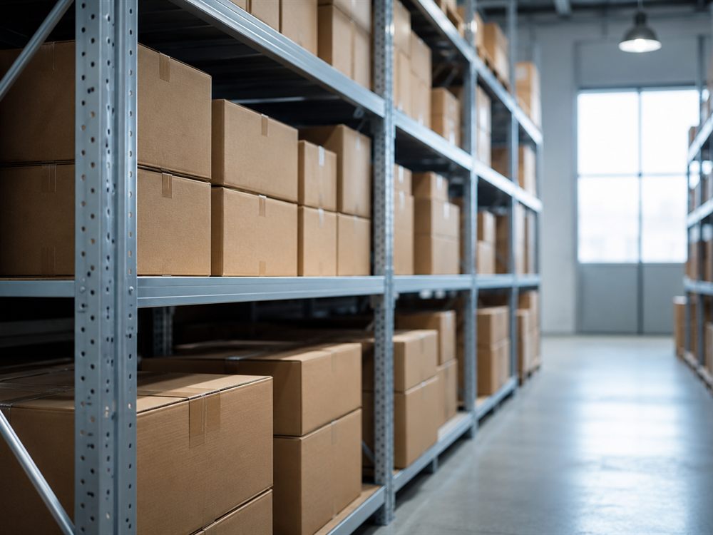 Tidy warehouse shelving stacked with uniform product cartons receding down a clean aisle.