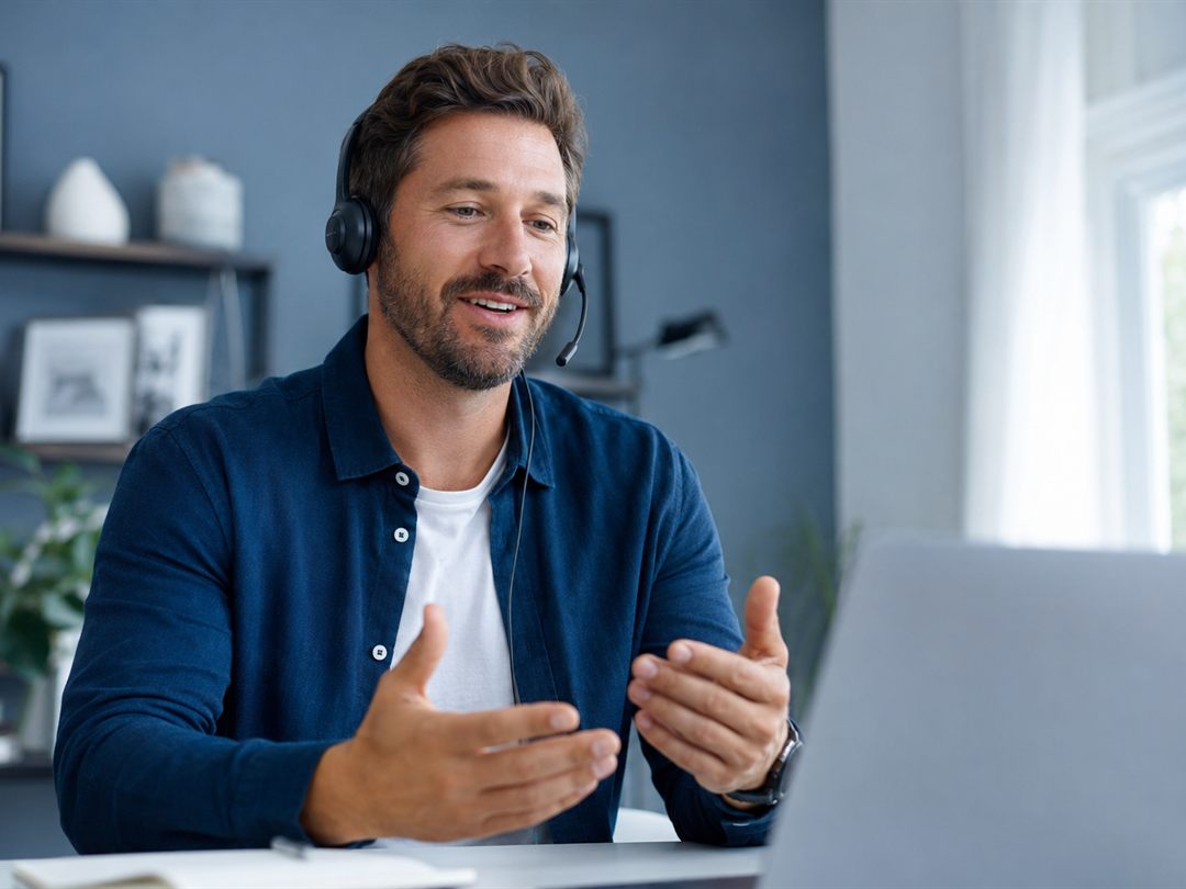 An accountant wearing a headset, mid-conversation on a friendly video call.