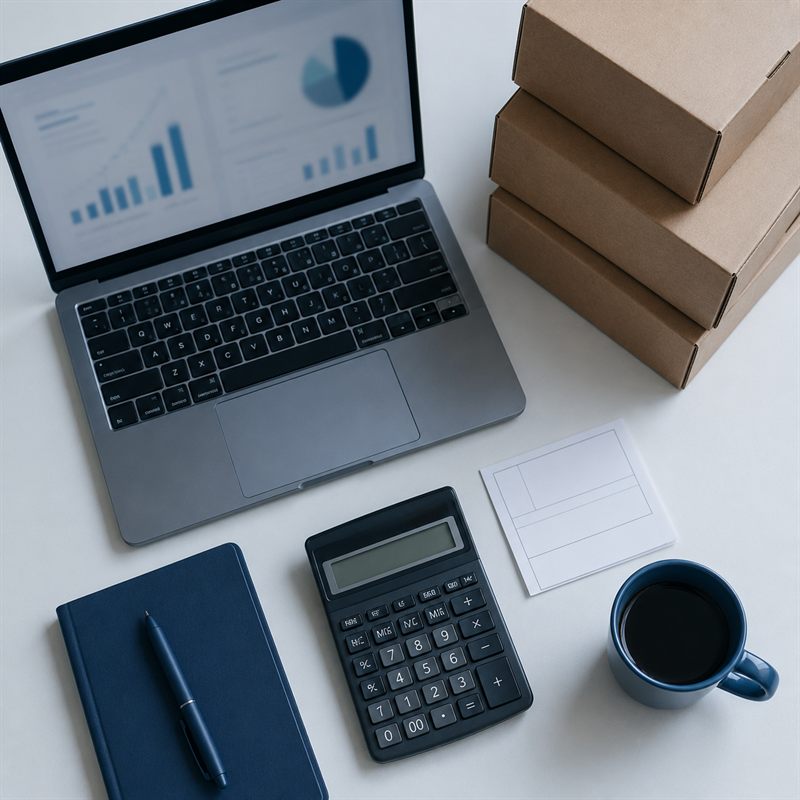 Overhead view of a desk with a laptop showing charts, a calculator, a notebook, shipping boxes and a coffee cup.