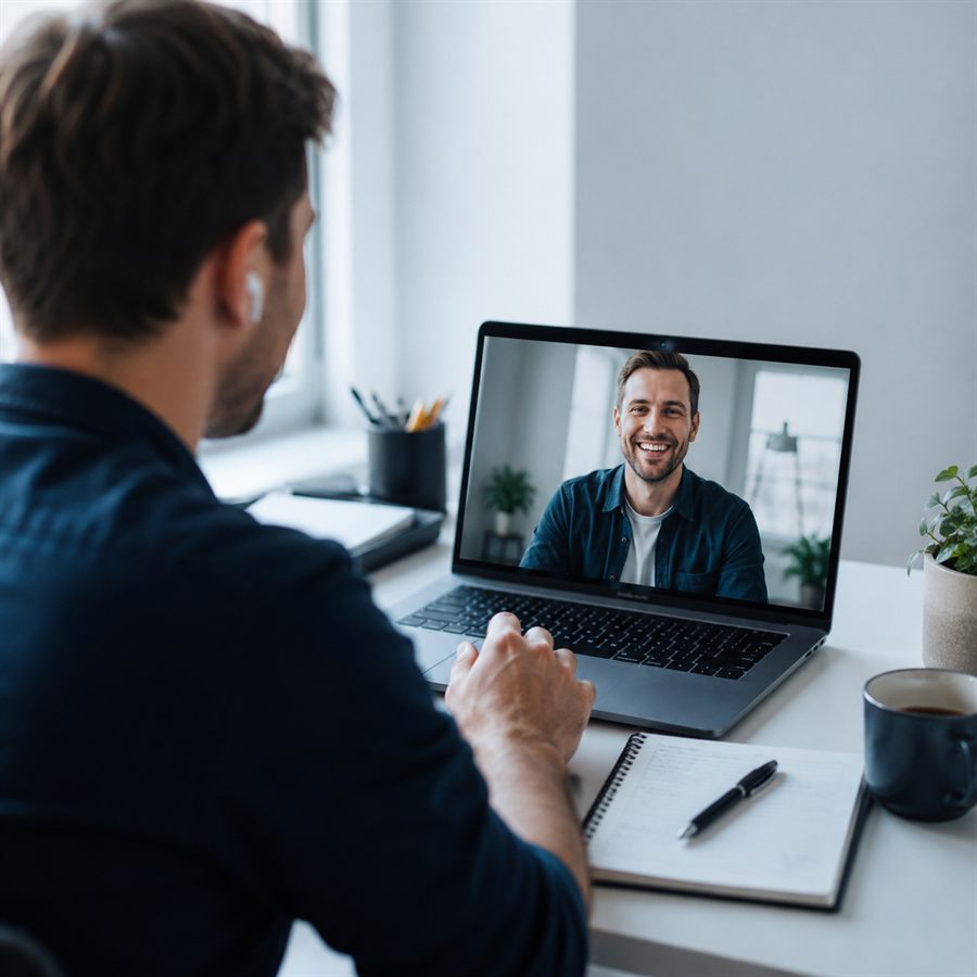 Over-the-shoulder view of a founder on a friendly video call with an advisor.