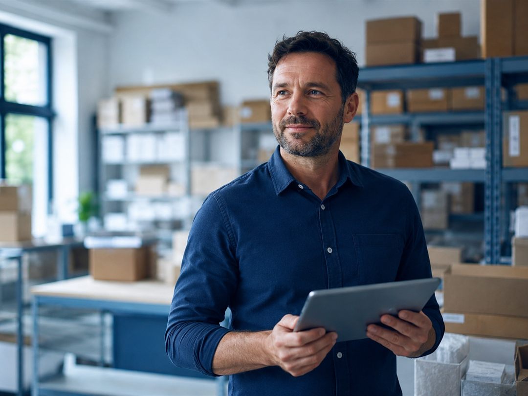 A confident eCommerce founder holding a tablet in a tidy, well-organised stockroom.