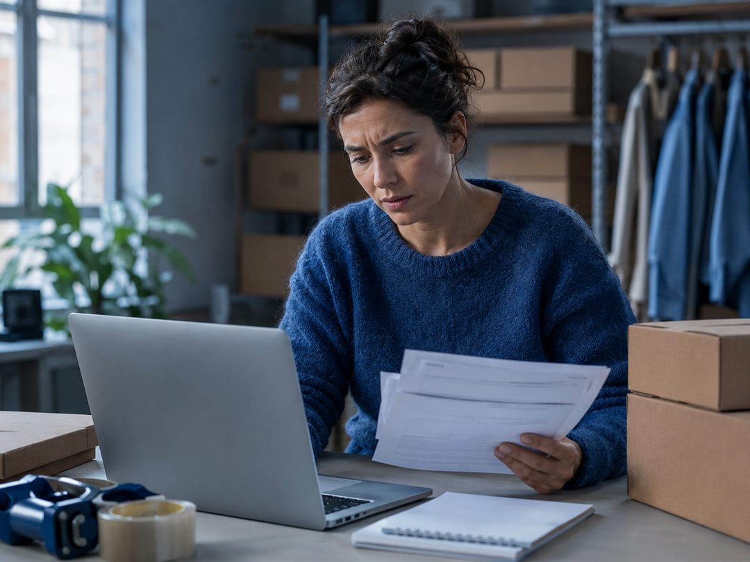 An eCommerce store owner at a packing table reviewing invoices and a laptop with concern.