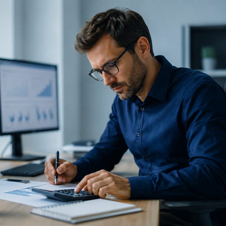 A focused accountant working across two monitors of financial charts.