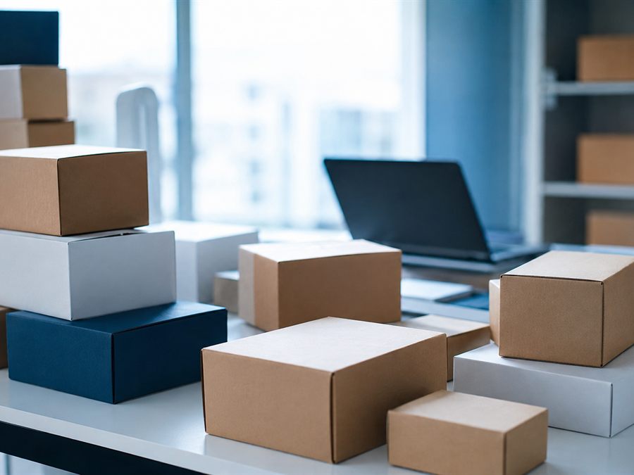 Parcels of different sizes arranged on a desk beside a laptop, representing orders flowing across several sales channels.